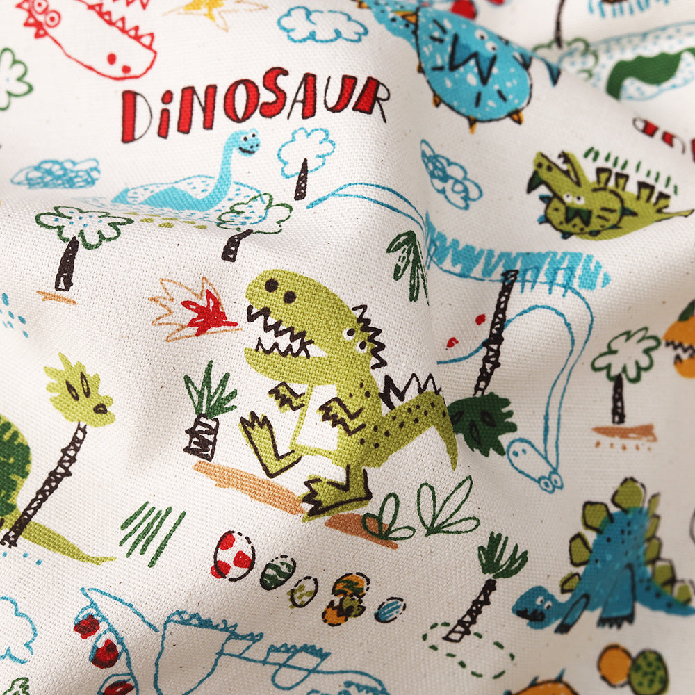 KTX-022035 Cotton Canvas DIY Fabric featuring Cute Cartoon Dinosaurs - Available in Blue and White, 110CMx45CM