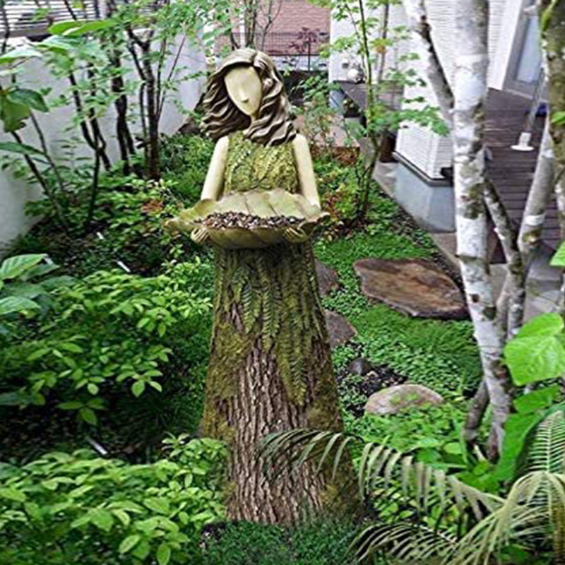 KTX-022291 Fern Fairy Statue with Hummingbird Bird Feeder – Elegant Resin Wall Decor for Courtyard and Garden