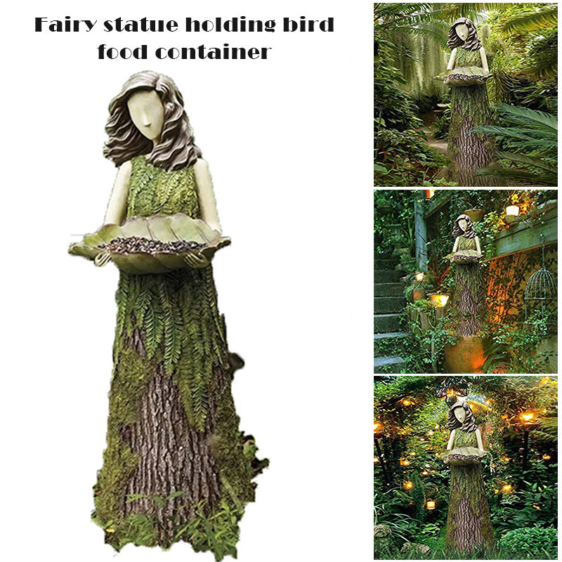 KTX-022291 Fern Fairy Statue with Hummingbird Bird Feeder – Elegant Resin Wall Decor for Courtyard and Garden