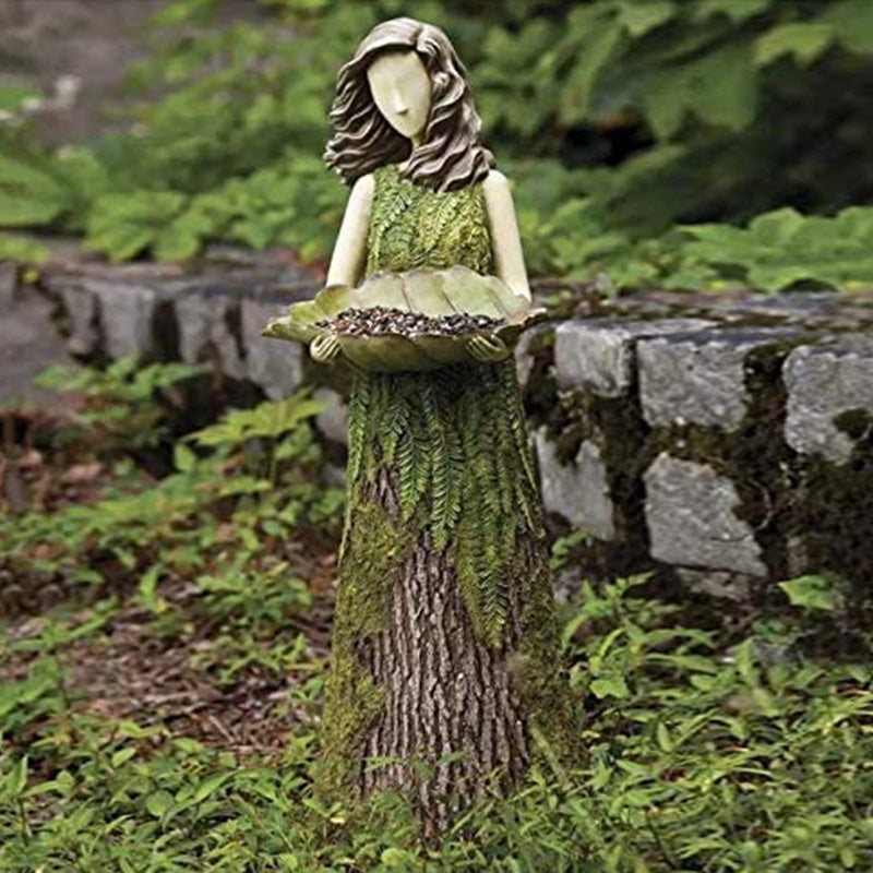 KTX-022291 Fern Fairy Statue with Hummingbird Bird Feeder – Elegant Resin Wall Decor for Courtyard and Garden