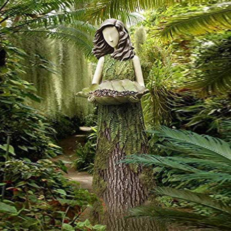 KTX-022291 Fern Fairy Statue with Hummingbird Bird Feeder – Elegant Resin Wall Decor for Courtyard and Garden