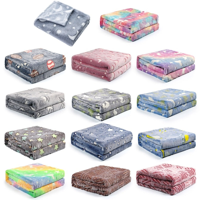 KTX-022355 Double-Sided Fluorescent Flannel Blanket - Soft Polyester, 152x127CM, Multiple Color Designs Available