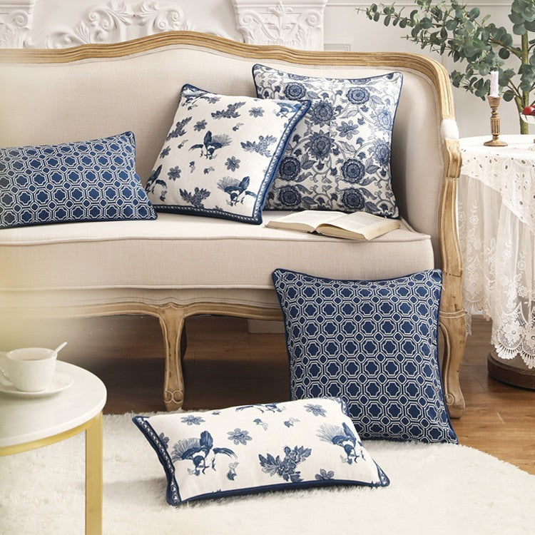 KTX-027283 Cotton and Linen Square Pillow Cushions in Blue - Geometric Designs, 30x50cm & 45x45cm Options