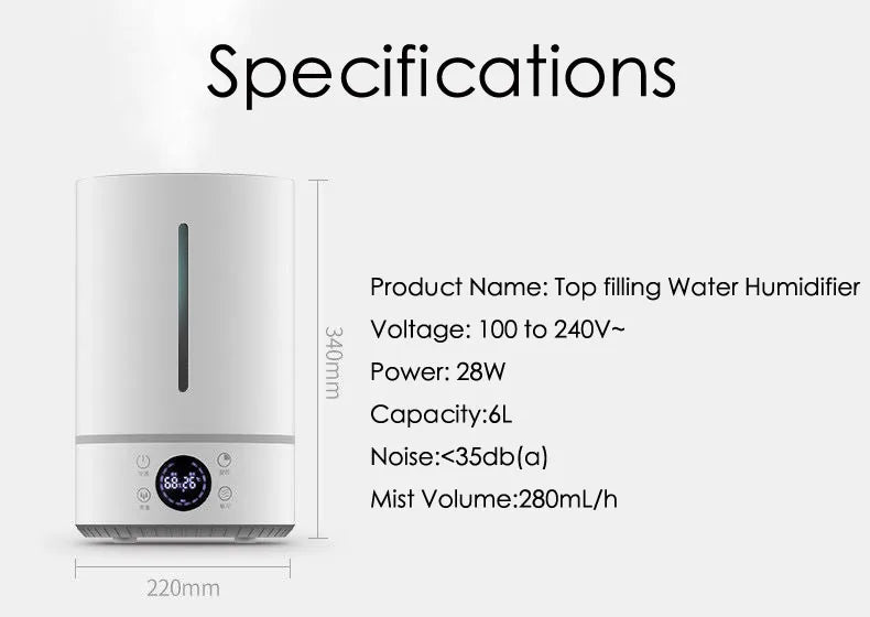 KTX-029459 6L Ultrasonic Cool Mist Humidifier for Large Rooms with Remote Control and Adjustable Humidity Levels