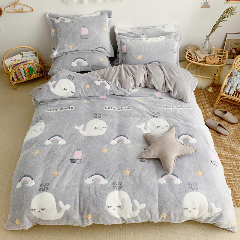 KTX-030099 Cartoon Snow Fleece Bedding Set - Thick and Warm 4-Piece Collection in Various Sizes