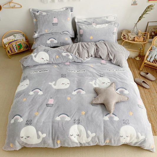 KTX-030099 Cartoon Snow Fleece Bedding Set - Thick and Warm 4-Piece Collection in Various Sizes