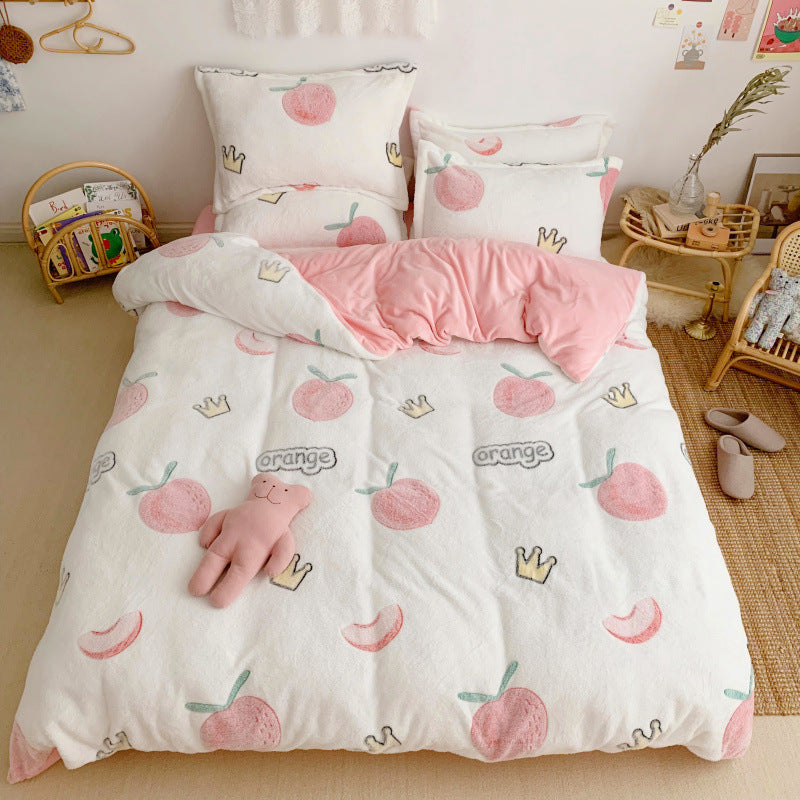 KTX-030099 Cartoon Snow Fleece Bedding Set - Thick and Warm 4-Piece Collection in Various Sizes