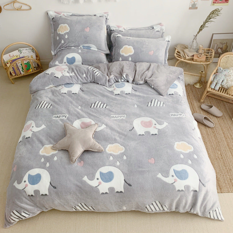 KTX-030099 Cartoon Snow Fleece Bedding Set - Thick and Warm 4-Piece Collection in Various Sizes