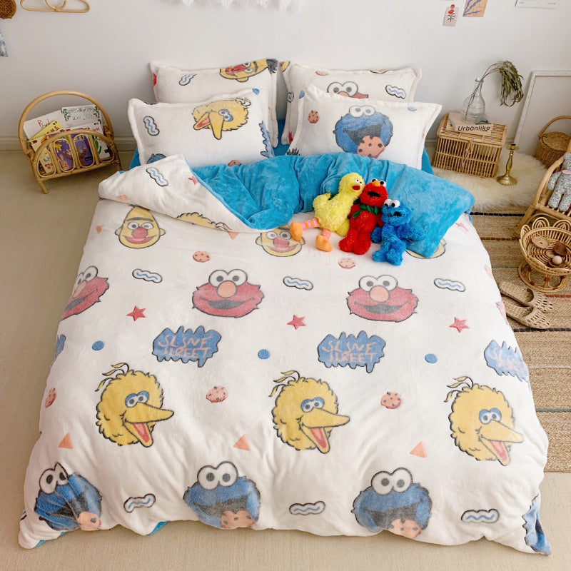 KTX-030099 Cartoon Snow Fleece Bedding Set - Thick and Warm 4-Piece Collection in Various Sizes