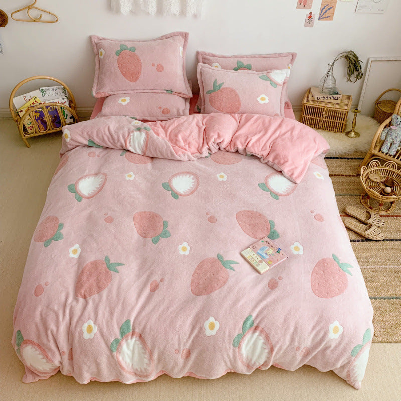 KTX-030099 Cartoon Snow Fleece Bedding Set - Thick and Warm 4-Piece Collection in Various Sizes