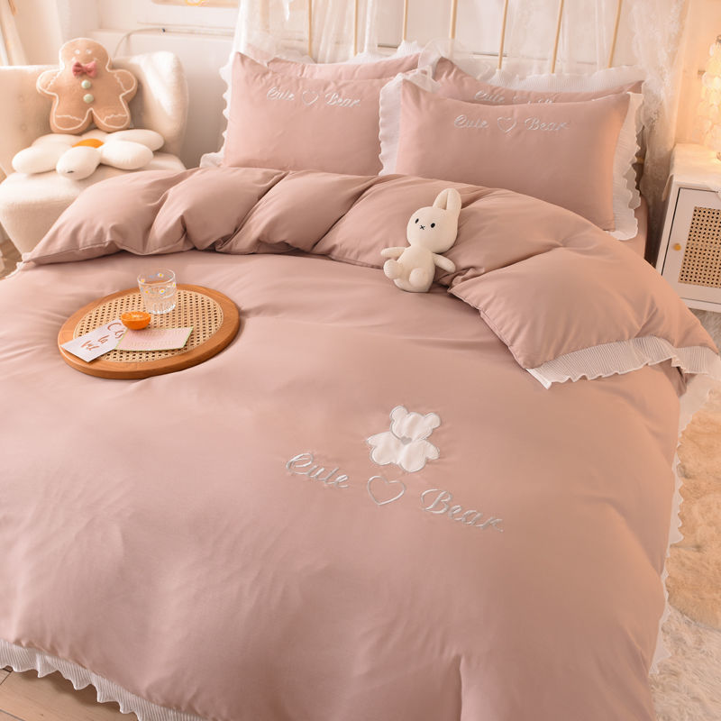 KTX-030419 Cotton Lace Bed Sheet Set - Skin-Friendly, Breathable, Four-Piece in Various Colors