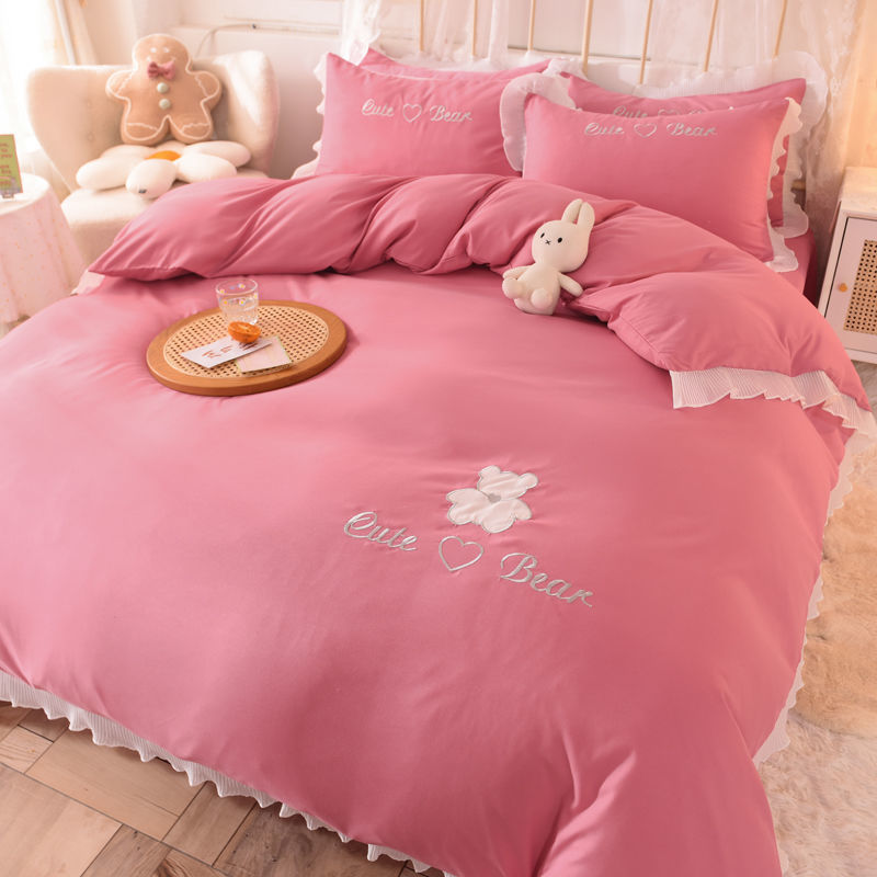KTX-030419 Cotton Lace Bed Sheet Set - Skin-Friendly, Breathable, Four-Piece in Various Colors