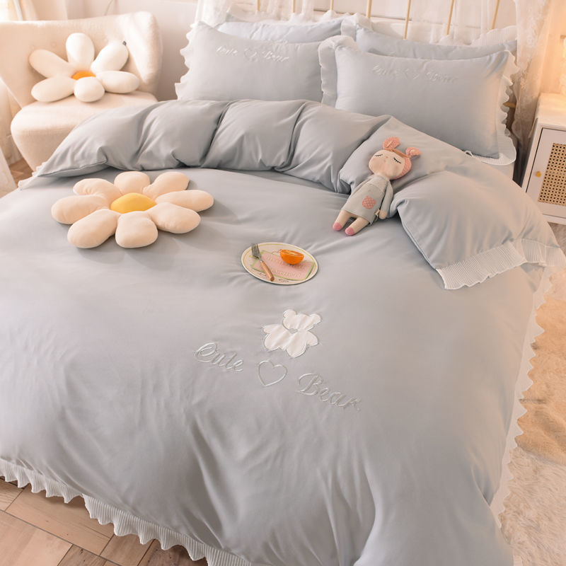 KTX-030419 Cotton Lace Bed Sheet Set - Skin-Friendly, Breathable, Four-Piece in Various Colors