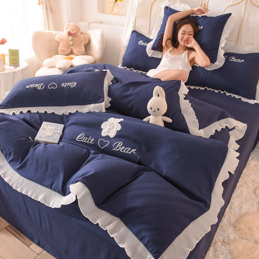 KTX-030419 Cotton Lace Bed Sheet Set - Skin-Friendly, Breathable, Four-Piece in Various Colors
