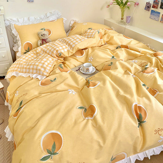 KTX-034707 Cartoon-Themed Cotton Summer Bed Set - Three-Piece Bedding Ensemble with Lace Designs