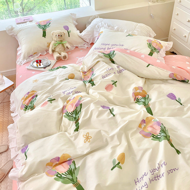 KTX-034707 Cartoon-Themed Cotton Summer Bed Set - Three-Piece Bedding Ensemble with Lace Designs