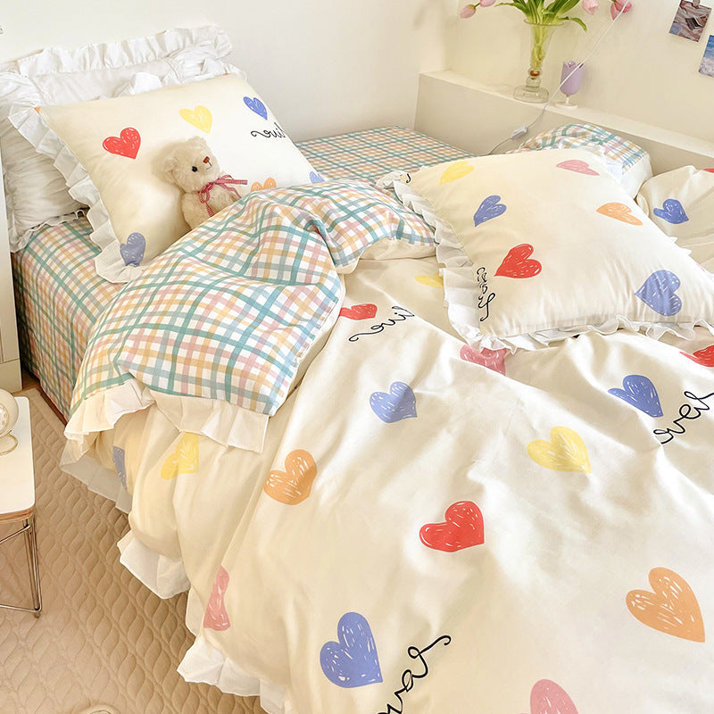 KTX-034707 Cartoon-Themed Cotton Summer Bed Set - Three-Piece Bedding Ensemble with Lace Designs