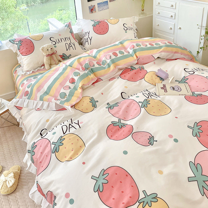 KTX-034707 Cartoon-Themed Cotton Summer Bed Set - Three-Piece Bedding Ensemble with Lace Designs
