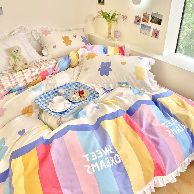 KTX-034707 Cartoon-Themed Cotton Summer Bed Set - Three-Piece Bedding Ensemble with Lace Designs