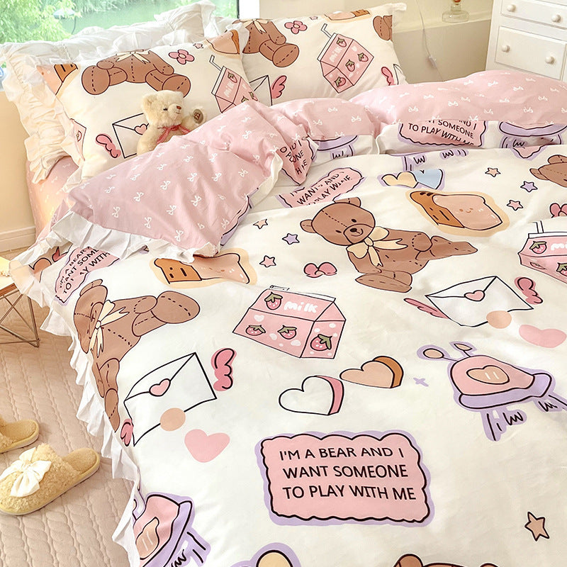 KTX-034707 Cartoon-Themed Cotton Summer Bed Set - Three-Piece Bedding Ensemble with Lace Designs
