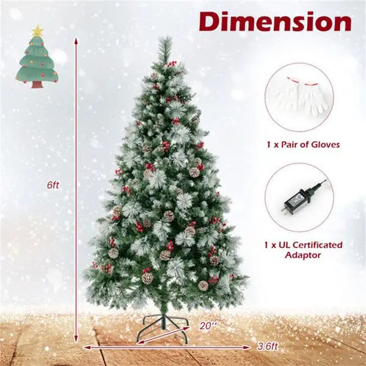 KTX-035475 6ft Pre-Lit Christmas Tree with 55 Red Berries, 55 Pine Cones, & Changeable Lights for Home or Office Decor
