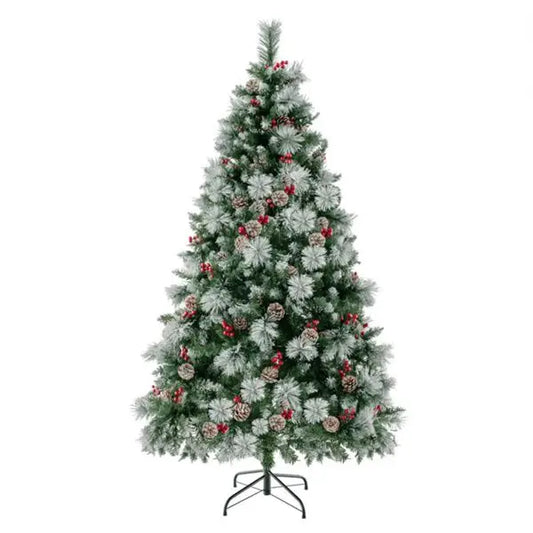 KTX-035475 6ft Pre-Lit Christmas Tree with 55 Red Berries, 55 Pine Cones, & Changeable Lights for Home or Office Decor