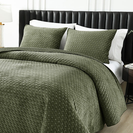 KTX-037011 Luxury Pure Polyester Flannel 3-Piece Bed Cover Set - Queen & King Sizes, Green