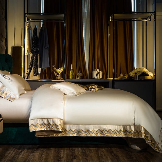 KTX-038483 Silk Cotton Embroidery Four-Piece Bedding Set in Solid Color - Long-Staple Cotton, Standard and Plus Sizes Available