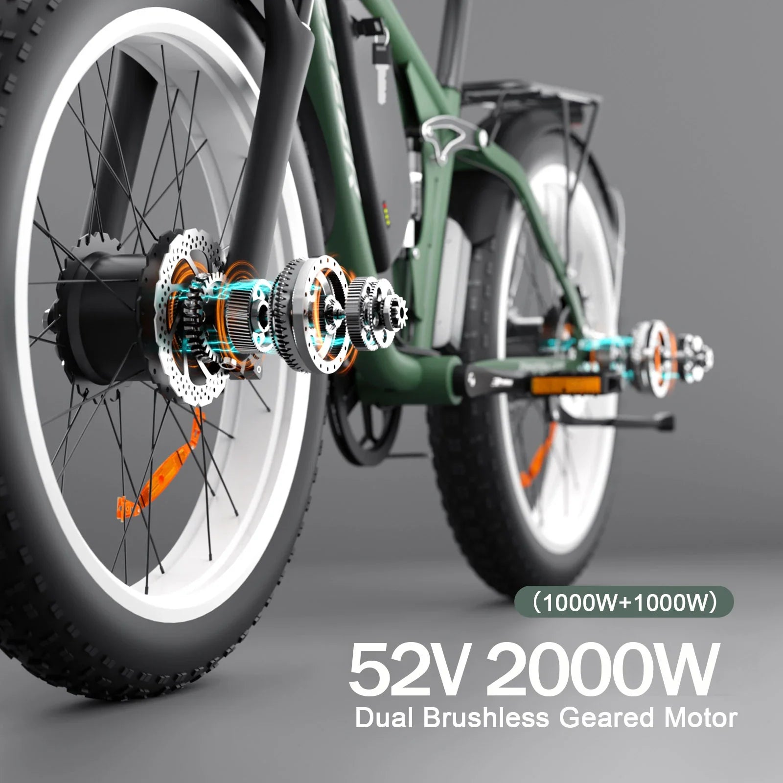 KTX-038867 52V 2000W Dual Motor Fat Tire Electric Bicycle with Full Suspension and 7-Speed Gears