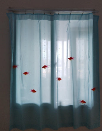 KTX-038867 Goldfish Beaded Curtain with Blue Fabric and Wire Hangers