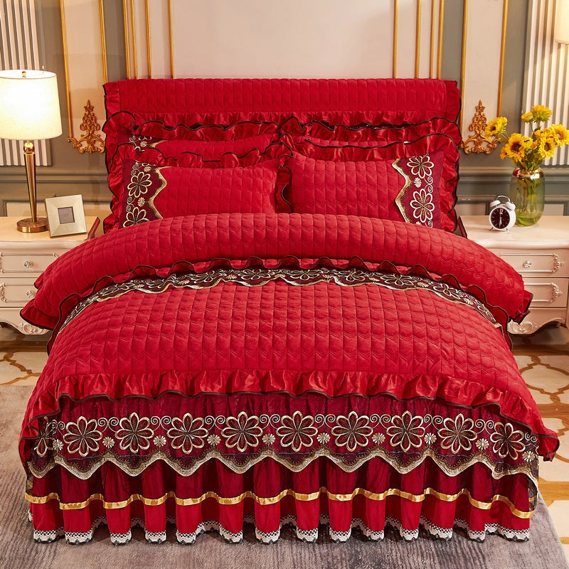 KTX-039635 Crystal Velvet Quilted Four-Piece Duvet Cover and Bed Skirt Set