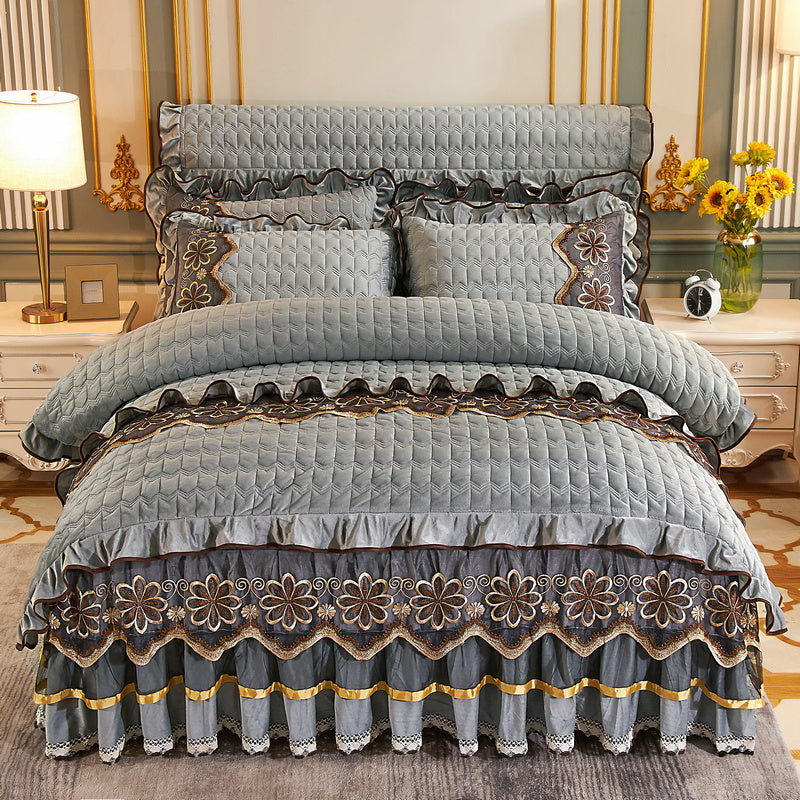 KTX-039635 Crystal Velvet Quilted Four-Piece Duvet Cover and Bed Skirt Set