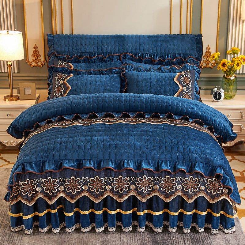 KTX-039635 Crystal Velvet Quilted Four-Piece Duvet Cover and Bed Skirt Set