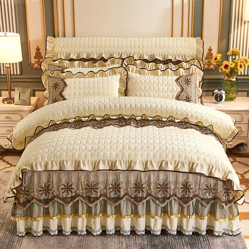KTX-039635 Crystal Velvet Quilted Four-Piece Duvet Cover and Bed Skirt Set