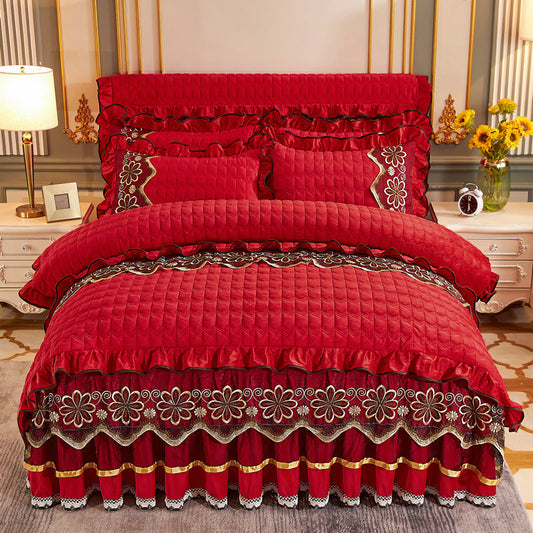 KTX-039635 Crystal Velvet Quilted Four-Piece Duvet Cover and Bed Skirt Set