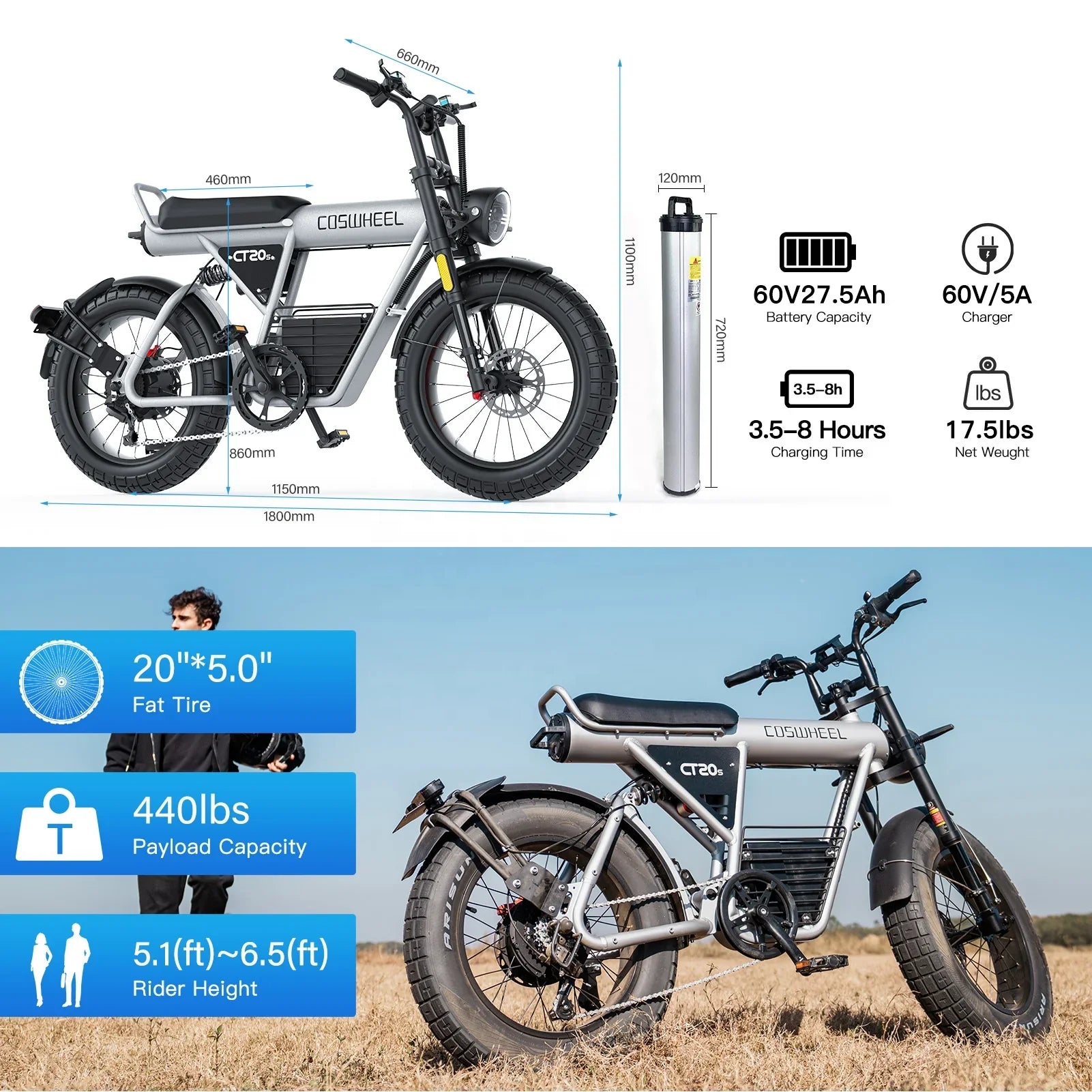 KTX-040019 2000W Electric Fat Tire Bike - 65km/h Max Speed, 20-Inch Wheels, 7-Speed Gears, LCD Display, Urban Commuter