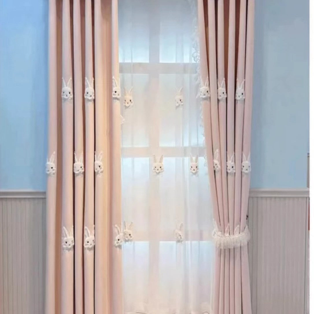 KTX-040019 Plush Pink Rabbit Curtains for Children's Rooms with High Shading and Embroidery