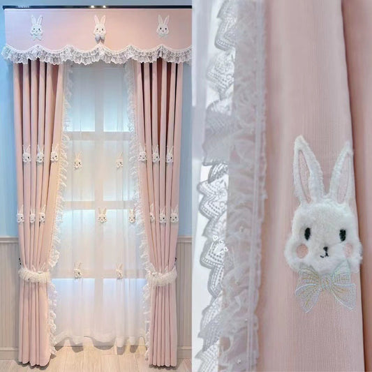 KTX-040019 Plush Pink Rabbit Curtains for Children's Rooms with High Shading and Embroidery