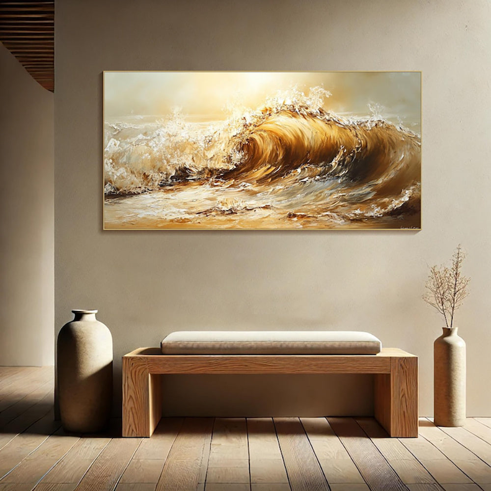 KTX-040403 Abstract Yellow Waves Handmade Oil Painting on Canvas - Unstretched Art for Home Decor