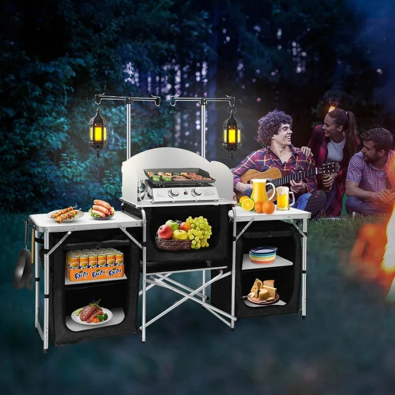KTX-040979 Portable Outdoor Folding Cooking Station with Storage for Camping and Mobile Kitchen Use