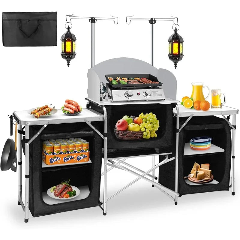 KTX-040979 Portable Outdoor Folding Cooking Station with Storage for Camping and Mobile Kitchen Use