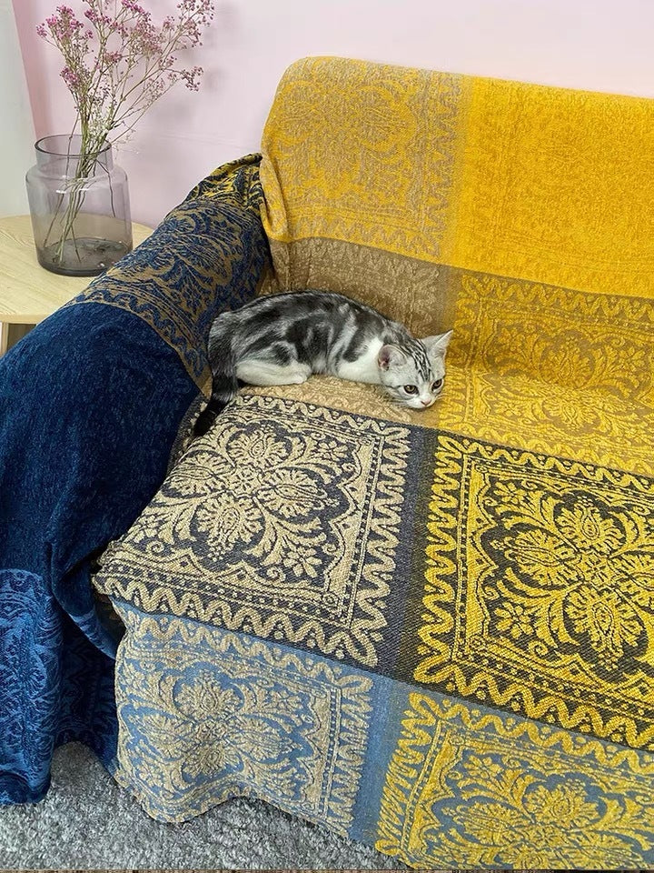 KTX-041619 Nordic Folk Style Fullcover Chenille Sofa Blanket - Polyester, Available in Blue and Red, Sizes 150x190 cm and 220x260 cm