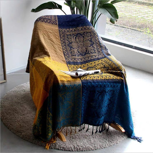 KTX-041619 Nordic Folk Style Fullcover Chenille Sofa Blanket - Polyester, Available in Blue and Red, Sizes 150x190 cm and 220x260 cm