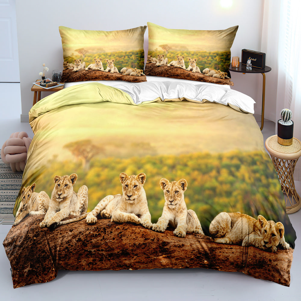 KTX-043091 Lion 3-Piece Bedding Set with Duvet Cover, Bed Sheet, and Pillowcase in Minimalist Style