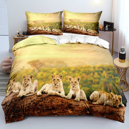 KTX-043091 Lion 3-Piece Bedding Set with Duvet Cover, Bed Sheet, and Pillowcase in Minimalist Style