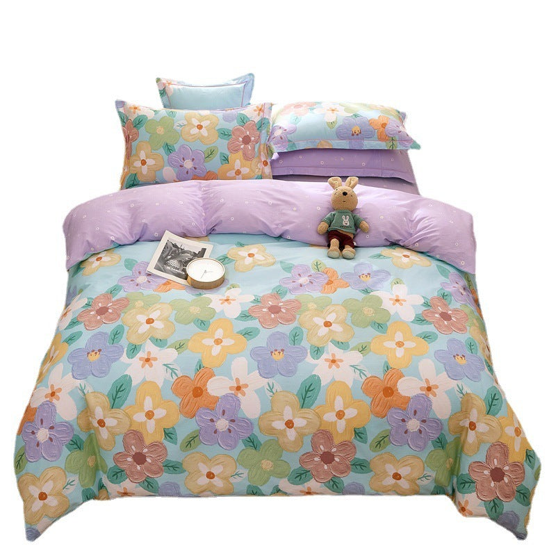 KTX-043603 Cotton Four-Piece Comforter Set with Modern Print Design, Includes Quilt Cover and Sheet