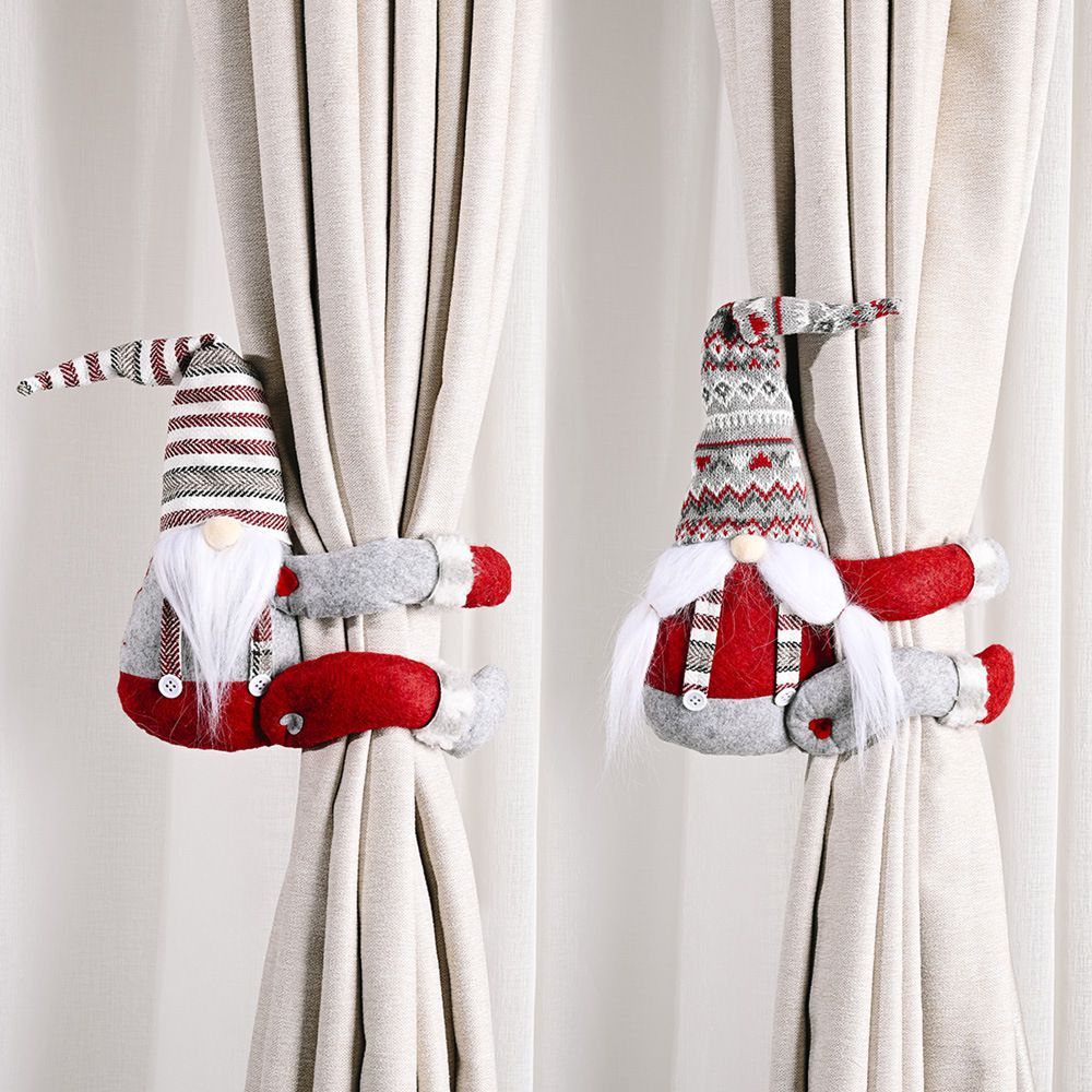 KTX-045779 Christmas Curtain Buckle - Non-Woven Fabric with Striped Hat Forest Design, 38cm Height, 26cm Width, Two Beard Styles Available