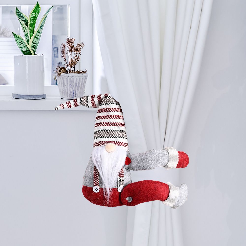 KTX-045779 Christmas Curtain Buckle - Non-Woven Fabric with Striped Hat Forest Design, 38cm Height, 26cm Width, Two Beard Styles Available