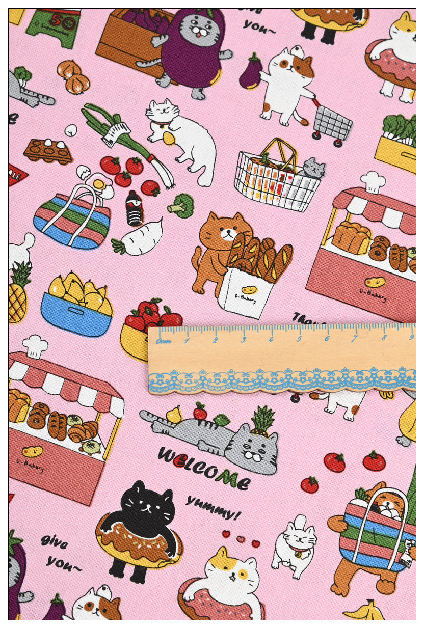 KTX-045907 Thick Cotton Cute Cat Print Fabric for Handmade DIY Projects - 100% Cotton, 110cm Wide