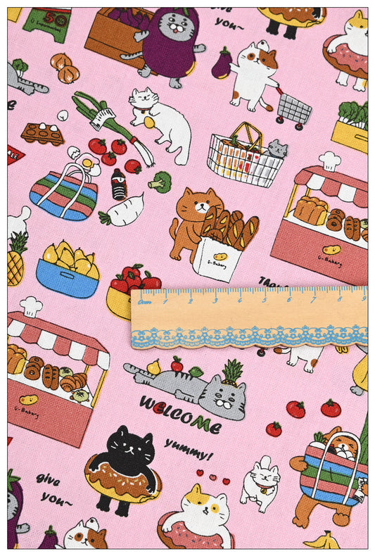 KTX-045907 Thick Cotton Cute Cat Print Fabric for Handmade DIY Projects - 100% Cotton, 110cm Wide